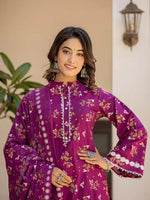 Thumbnail for Yufta Purple Floral Print Straight Pakistani Style Kurta Trouser And Dupatta Set
