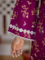 Thumbnail for Yufta Purple Floral Print Straight Pakistani Style Kurta Trouser And Dupatta Set
