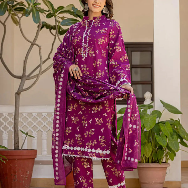 Yufta Purple Floral Print Straight Pakistani Style Kurta Trouser And Dupatta Set - Distacart