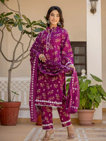 Thumbnail for Yufta Purple Floral Print Straight Pakistani Style Kurta Trouser And Dupatta Set