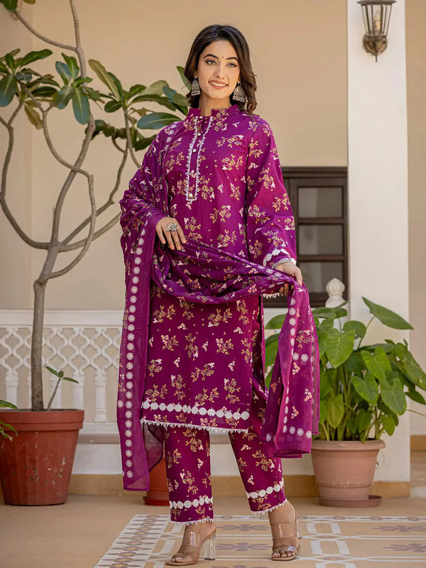 Yufta Purple Floral Print Straight Pakistani Style Kurta Trouser And Dupatta Set