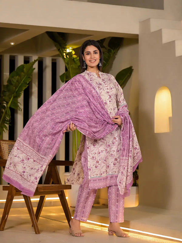 Yufta Purple Leaf Print Cotton Pakistani Style Kurta With Trousers With Dupatta Set