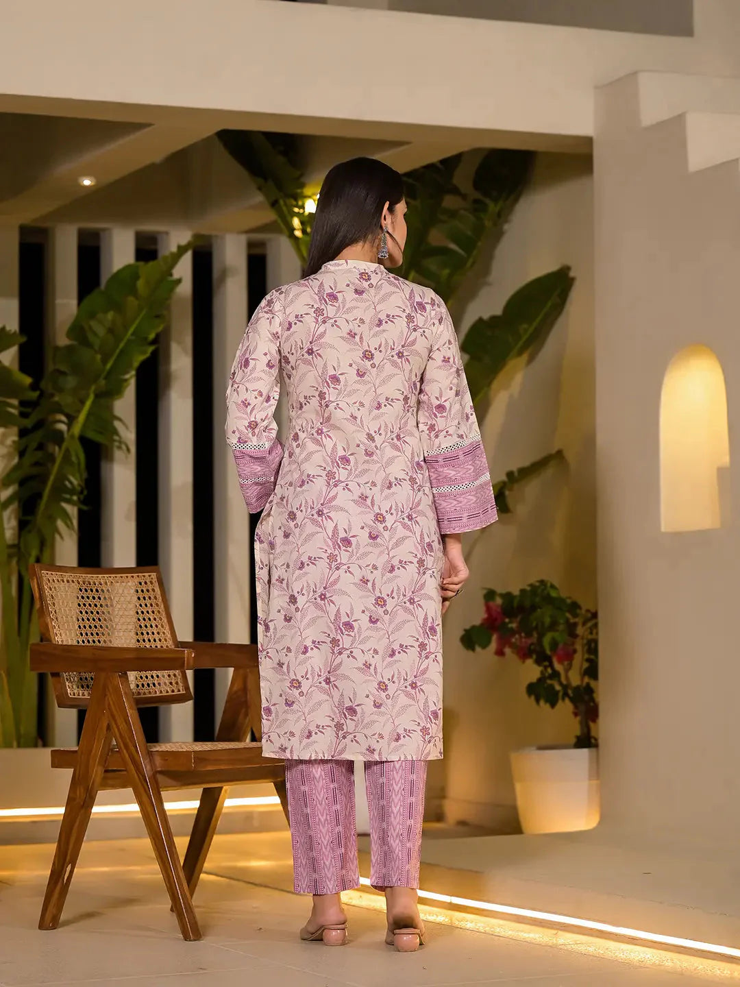 Yufta Purple Leaf Print Cotton Pakistani Style Kurta With Trousers With Dupatta Set