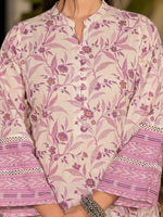 Thumbnail for Yufta Purple Leaf Print Cotton Pakistani Style Kurta With Trousers With Dupatta Set