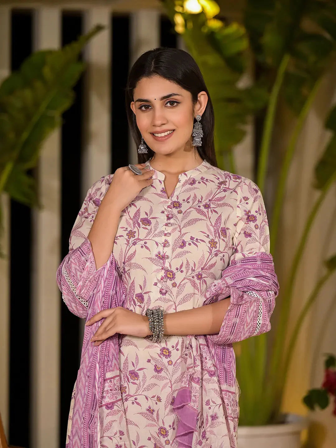 Yufta Purple Leaf Print Cotton Pakistani Style Kurta With Trousers With Dupatta Set