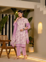 Thumbnail for Yufta Purple Leaf Print Cotton Pakistani Style Kurta With Trousers With Dupatta Set