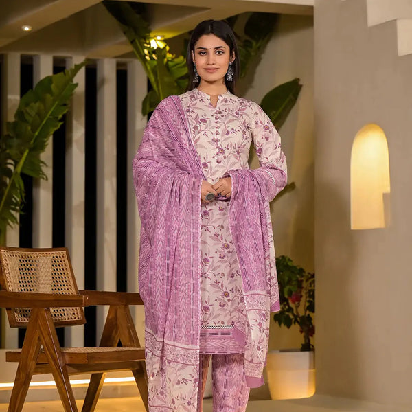 Yufta Purple Leaf Print Cotton Pakistani Style Kurta With Trousers With Dupatta Set - Distacart