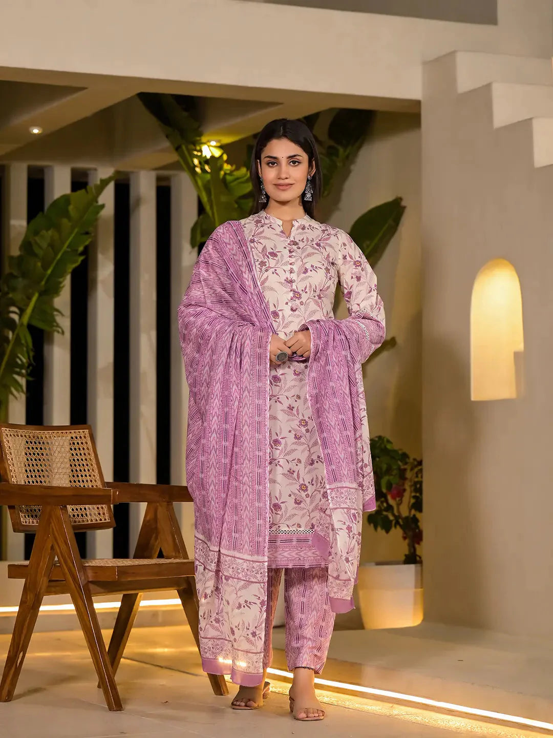 Yufta Purple Leaf Print Cotton Pakistani Style Kurta With Trousers With Dupatta Set - Distacart