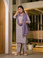 Thumbnail for Yufta Purple Leaf Print Cotton Straight Kurta With Trousers And Dupatta Set