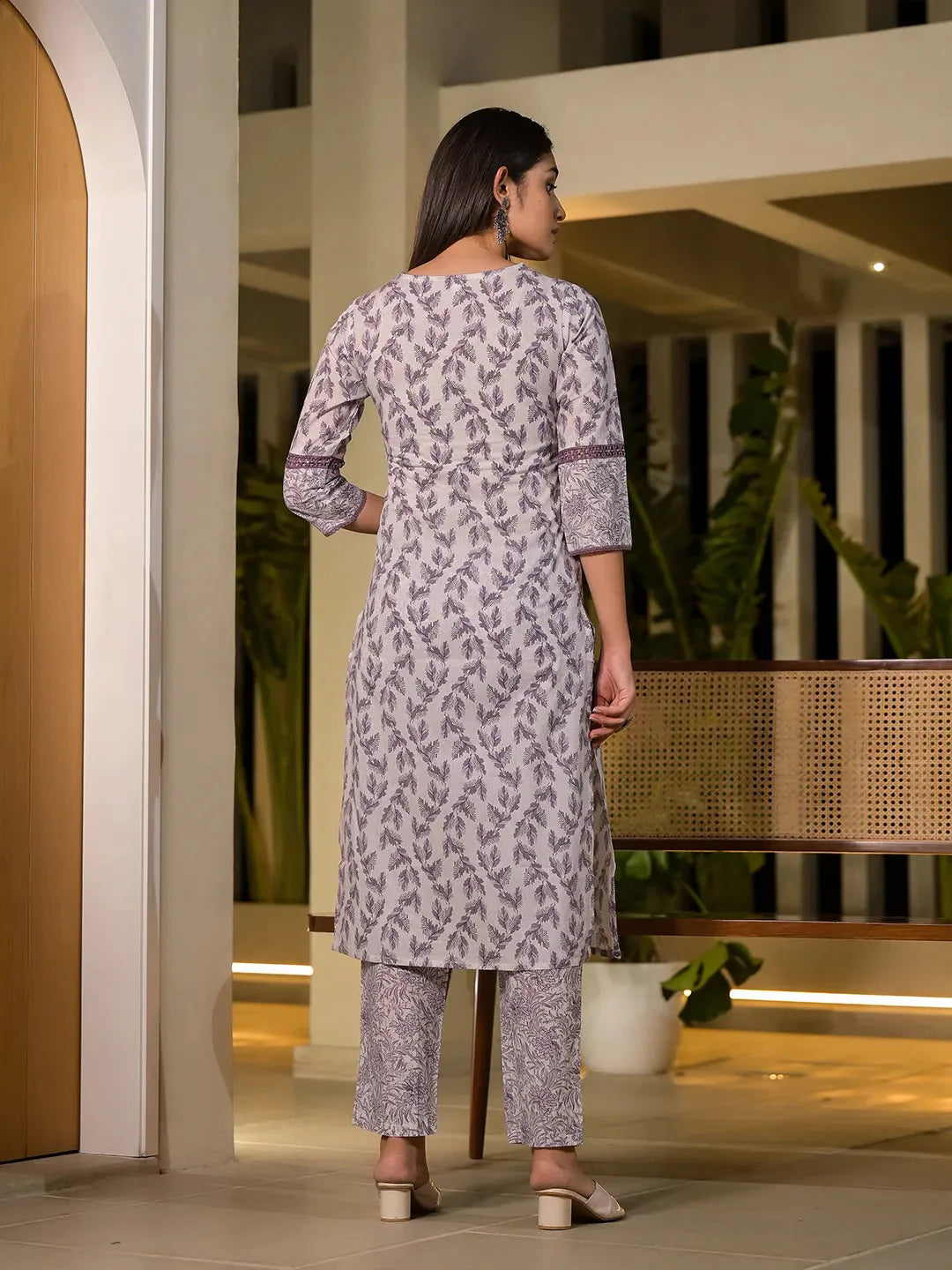 Yufta Purple Leaf Print Cotton Straight Kurta With Trousers And Dupatta Set