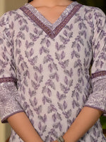 Thumbnail for Yufta Purple Leaf Print Cotton Straight Kurta With Trousers And Dupatta Set