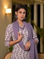 Thumbnail for Yufta Purple Leaf Print Cotton Straight Kurta With Trousers And Dupatta Set