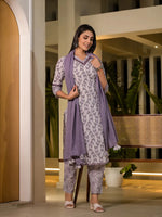 Thumbnail for Yufta Purple Leaf Print Cotton Straight Kurta With Trousers And Dupatta Set
