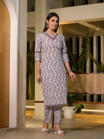 Thumbnail for Yufta Purple Leaf Print Cotton Straight Kurta With Trousers And Dupatta Set