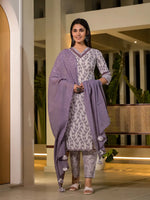 Thumbnail for Yufta Purple Leaf Print Cotton Straight Kurta With Trousers And Dupatta Set