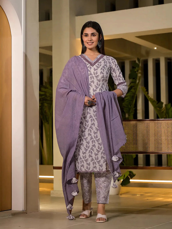 Yufta Purple Leaf Print Cotton Straight Kurta With Trousers And Dupatta Set