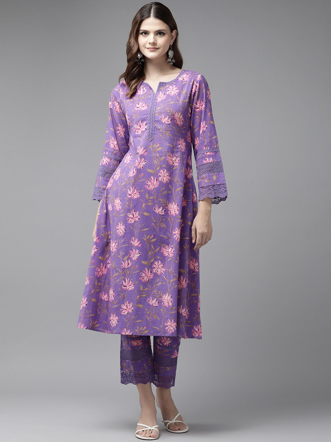 Yufta Purple Pure Cotton kurta set with embroidery Kurta Trouser Set - Distacart