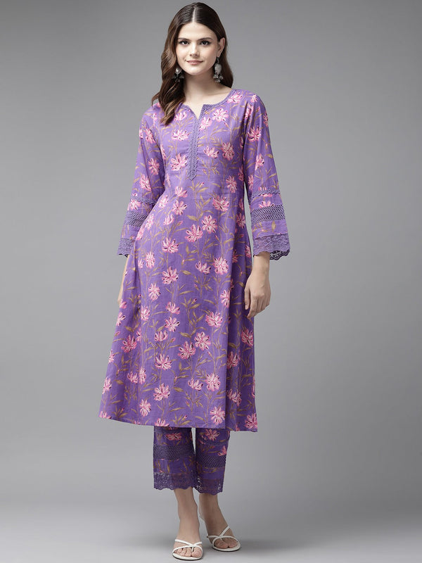 Yufta Purple Pure Cotton kurta set with embroidery Kurta Trouser Set