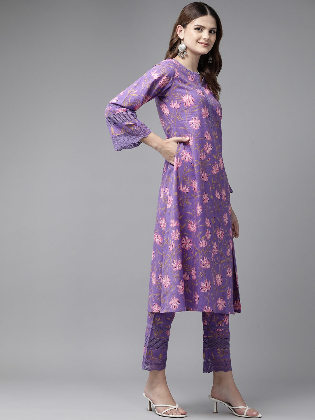 Yufta Purple Pure Cotton kurta set with embroidery Kurta Trouser Set