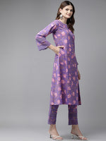 Thumbnail for Yufta Purple Pure Cotton kurta set with embroidery Kurta Trouser Set