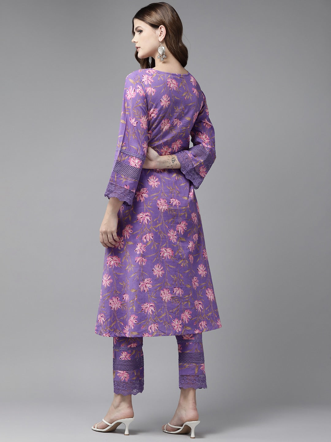Yufta Purple Pure Cotton kurta set with embroidery Kurta Trouser Set