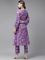 Thumbnail for Yufta Purple Pure Cotton kurta set with embroidery Kurta Trouser Set