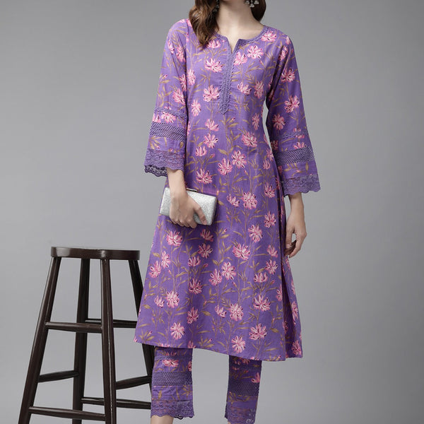 Yufta Purple Pure Cotton kurta set with embroidery Kurta Trouser Set - Distacart