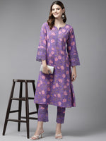 Thumbnail for Yufta Purple Pure Cotton kurta set with embroidery Kurta Trouser Set