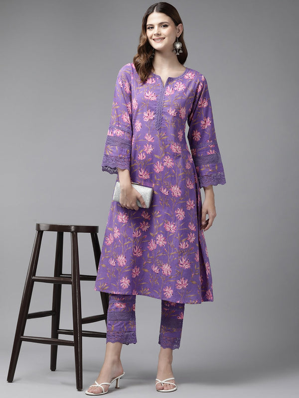 Yufta Purple Pure Cotton kurta set with embroidery Kurta Trouser Set