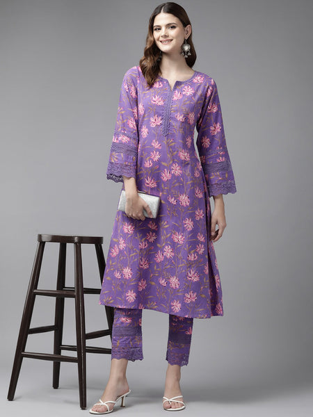 Yufta Purple Pure Cotton kurta set with embroidery Kurta Trouser Set