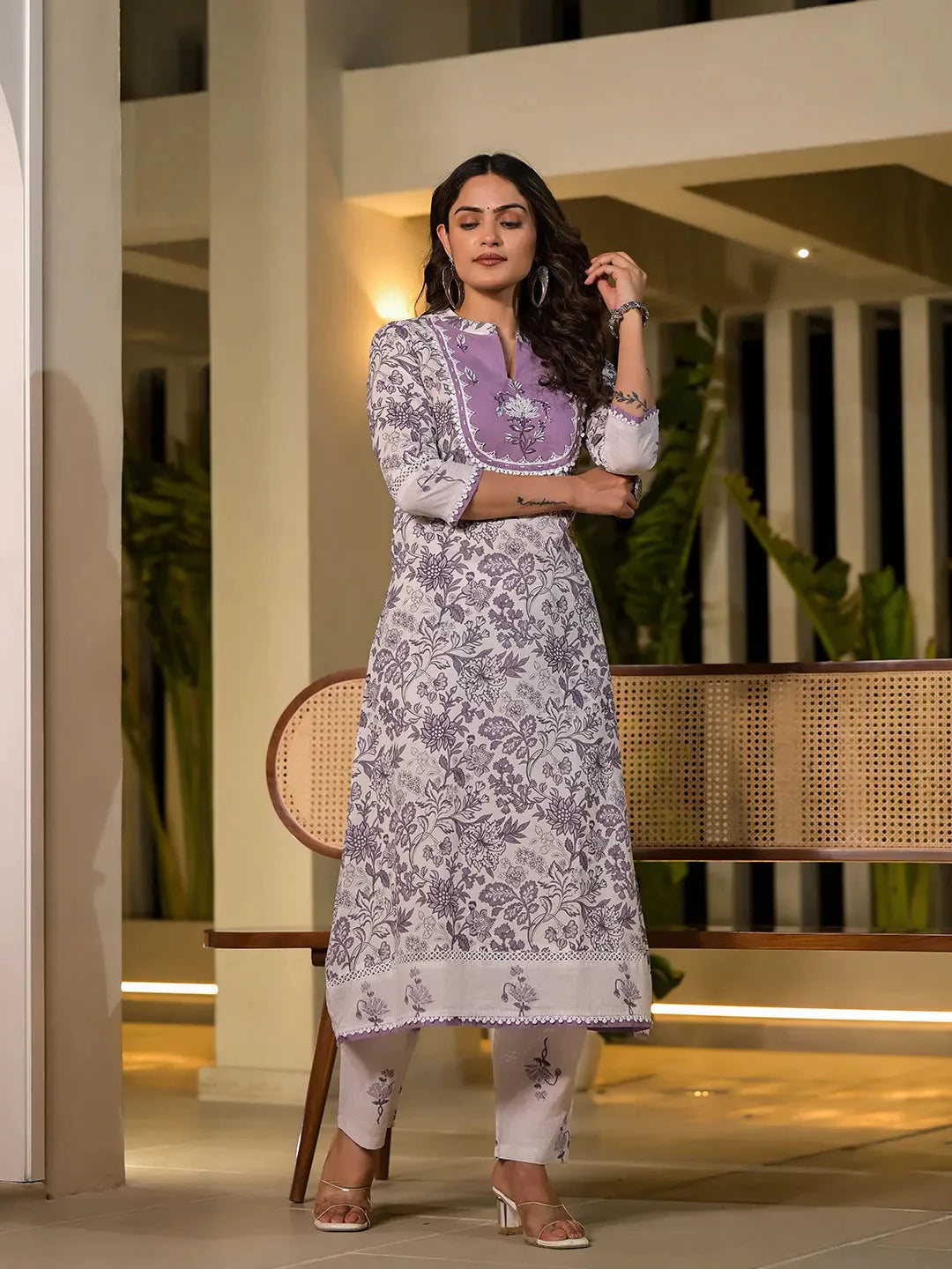Yufta Purple Resham Embroidery Cotton Straight Kurta With Trouser Set - Distacart