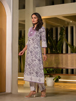 Thumbnail for Yufta Purple Resham Embroidery Cotton Straight Kurta With Trouser Set