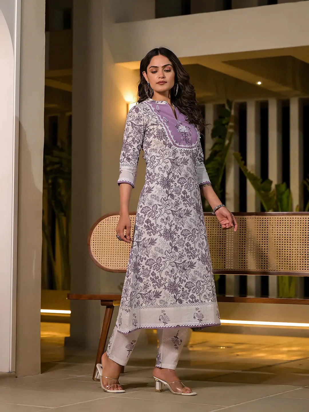 Yufta Purple Resham Embroidery Cotton Straight Kurta With Trouser Set