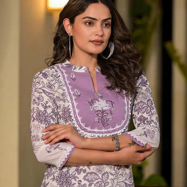 Yufta Purple Resham Embroidery Cotton Straight Kurta With Trouser Set - Distacart