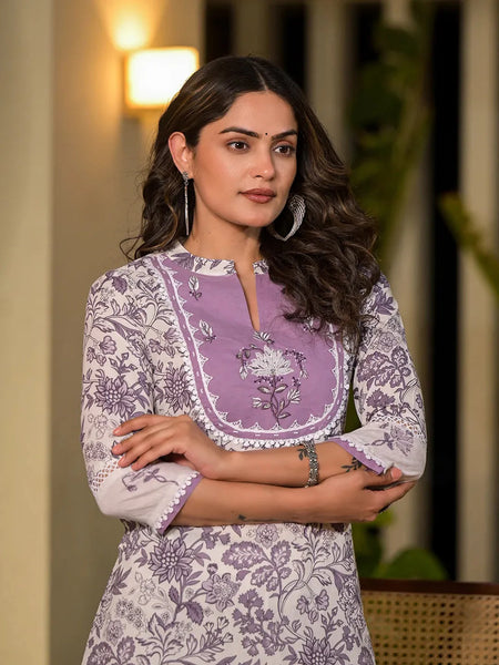 Yufta Purple Resham Embroidery Cotton Straight Kurta With Trouser Set