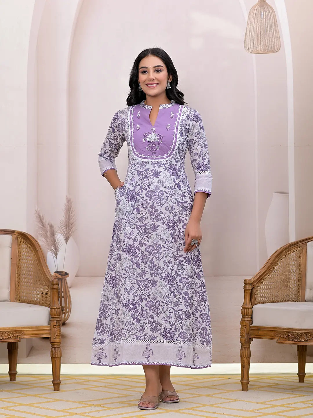 Yufta Purple Resham_Embroidery Cotton A-Liine Dress - Distacart