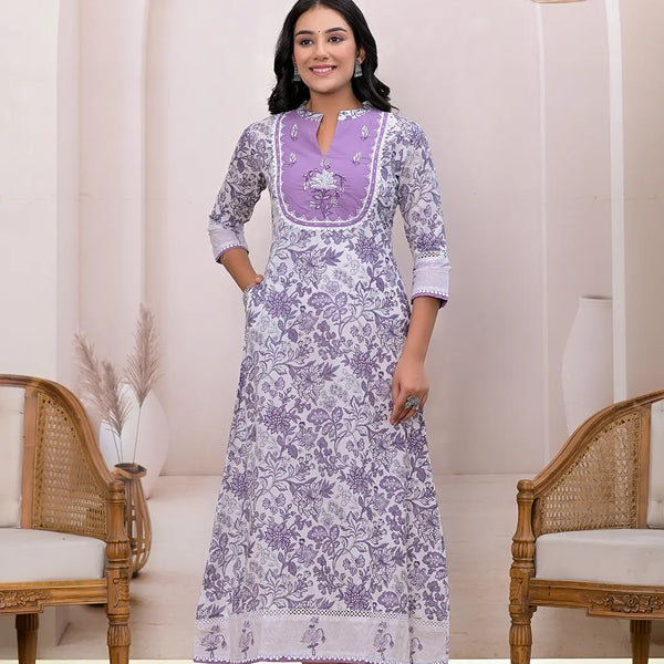 Yufta Purple Resham_Embroidery Cotton A-Liine Dress - Distacart
