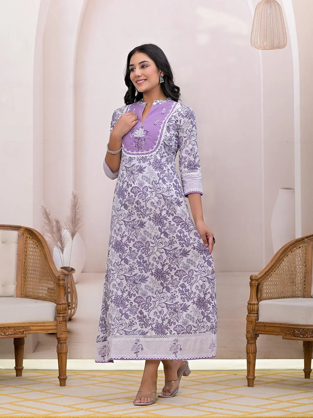 Yufta Purple Resham_Embroidery Cotton A-Liine Dress - Distacart