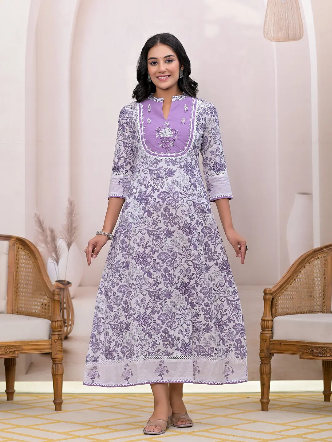 Yufta Purple Resham_Embroidery Cotton A-Liine Dress - Distacart