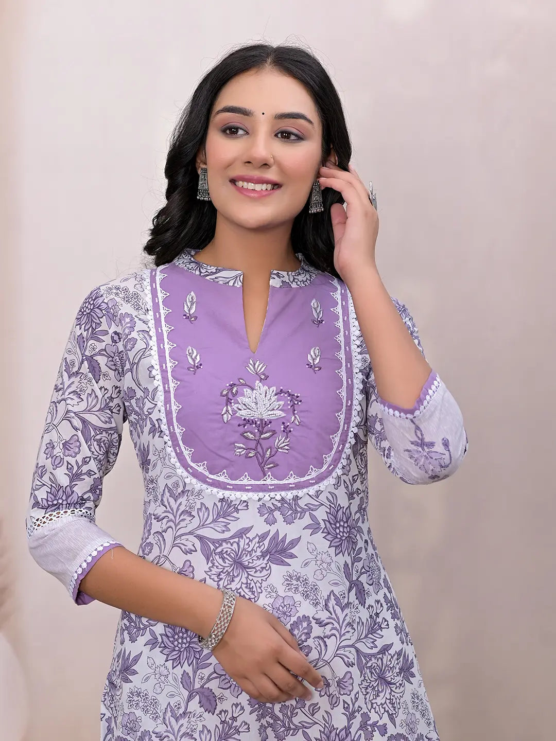 Yufta Purple Resham_Embroidery Cotton A-Liine Dress - Distacart
