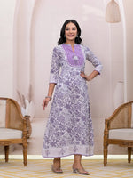 Thumbnail for Yufta Purple Resham_Embroidery Cotton A-Liine Dress - Distacart