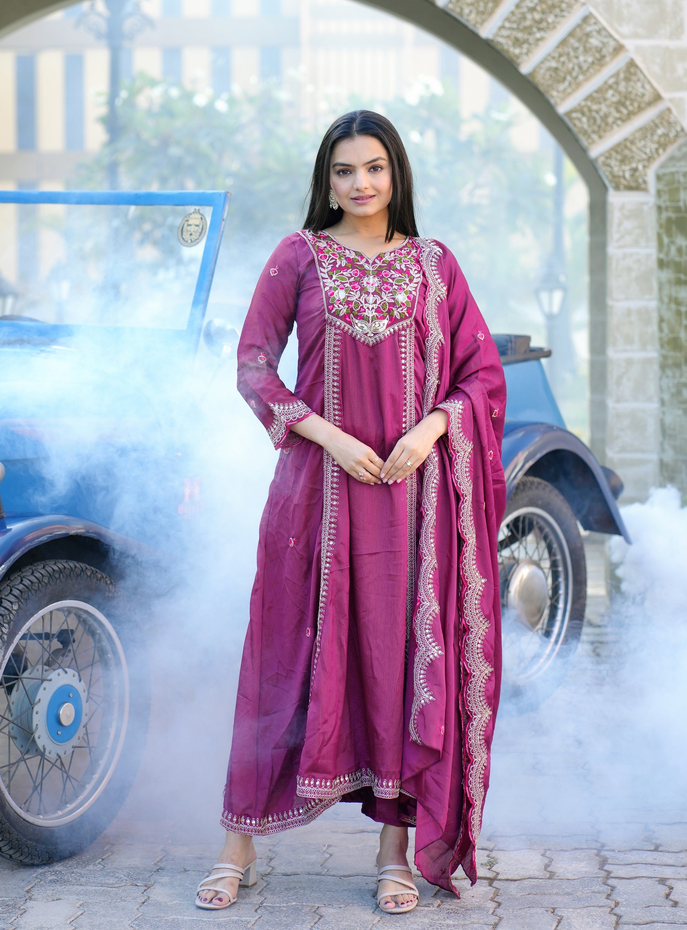 Lehenga Mart Designer Chinon Gown With Coding Sequence Embroidered Work - Purple - Distacart