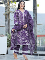 Thumbnail for Yufta Purple pure Cotton kurta dupatta set with Thread_Work detailing
