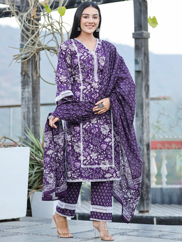 Yufta Purple pure Cotton kurta dupatta set with Thread_Work detailing