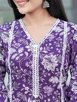 Thumbnail for Yufta Purple pure Cotton kurta dupatta set with Thread_Work detailing