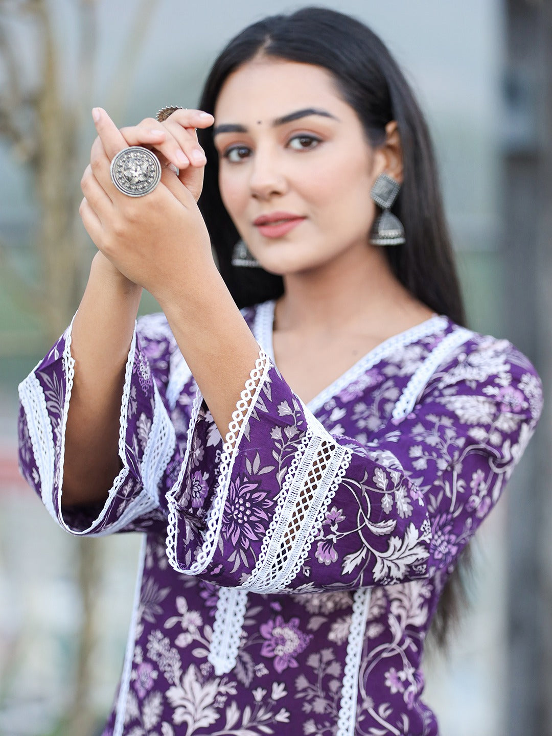 Yufta Purple pure Cotton kurta dupatta set with Thread_Work detailing
