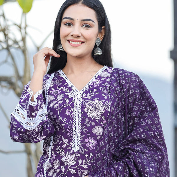 Yufta Purple pure Cotton kurta dupatta set with Thread_Work detailing - Distacart