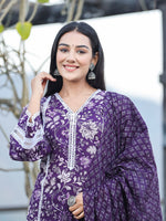 Thumbnail for Yufta Purple pure Cotton kurta dupatta set with Thread_Work detailing