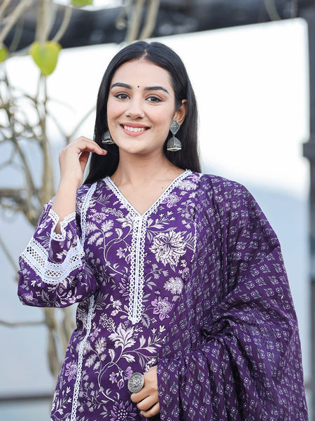 Yufta Purple pure Cotton kurta dupatta set with Thread_Work detailing