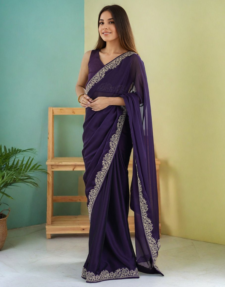 Lorenvalley Fashion Purple Rangoli Silk with Coding Lace Work Saree with Blouse